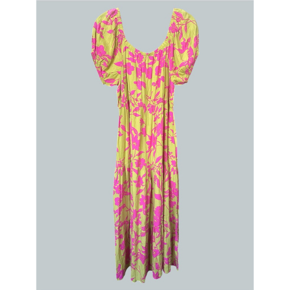 Size S Easel Floral Puff Sleeve Tiered Midi Dress in Lime - Picture 3 of 5